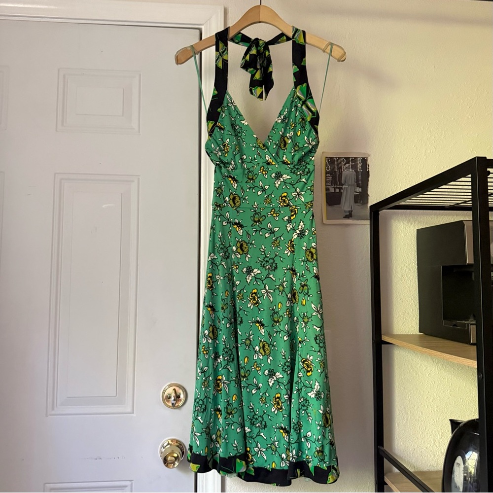 ISSA LONDON‎ green floral halter neck silk chunky knit backless midi dress